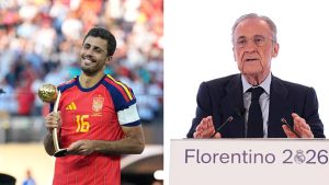 Split image featuring Rodri and Florentino Perez.