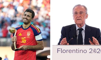 Split image featuring Rodri and Florentino Perez.