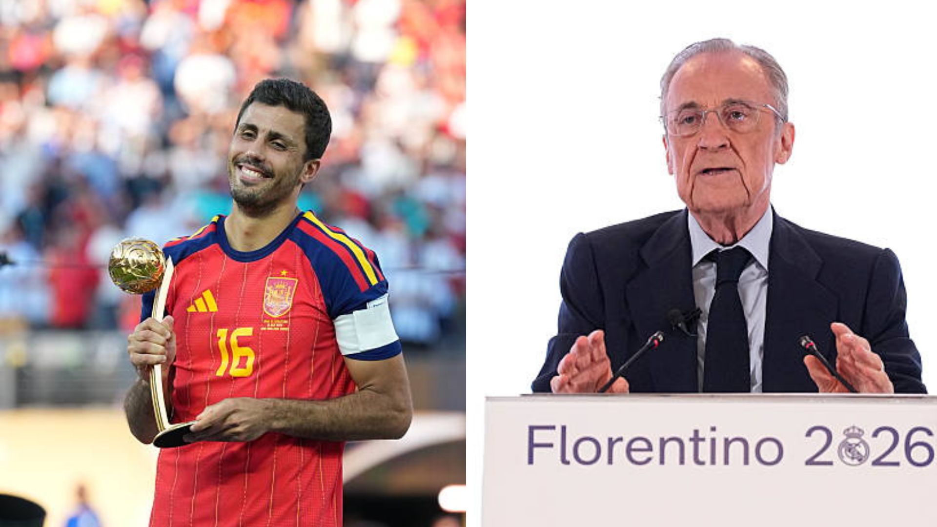 Split image featuring Rodri and Florentino Perez.