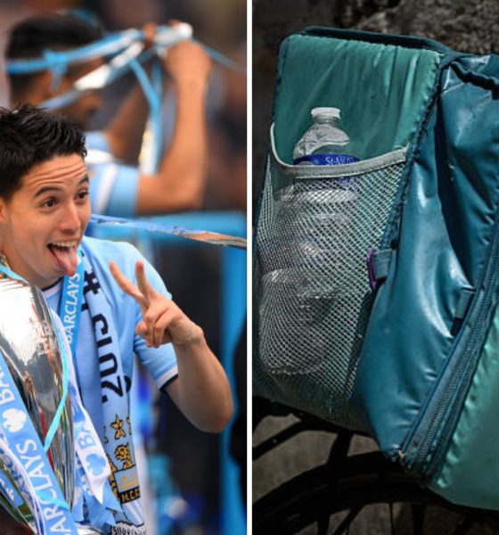 Split image featuring Samir Nasri and Deliveroo bag.