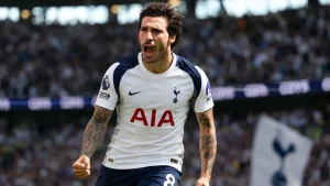 Sandro Tonali in a Tottenham kit after his reported £100 million transfer from Newcastle United