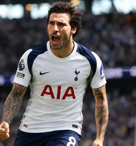 Sandro Tonali in a Tottenham kit after his reported £100 million transfer from Newcastle United