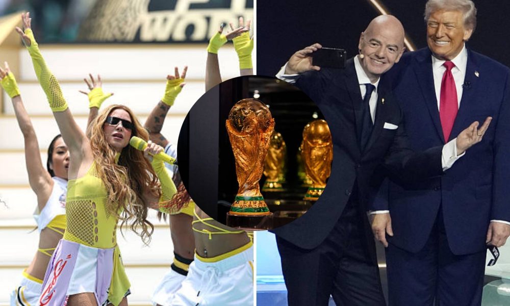 Split image featuring Shakira, World Cup trophy and Trump with Infantino