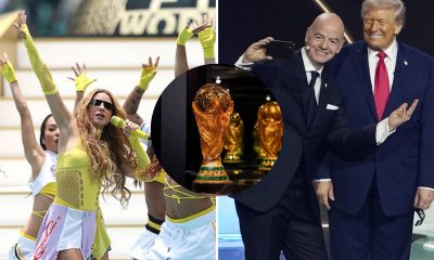 Split image featuring Shakira, World Cup trophy and Trump with Infantino