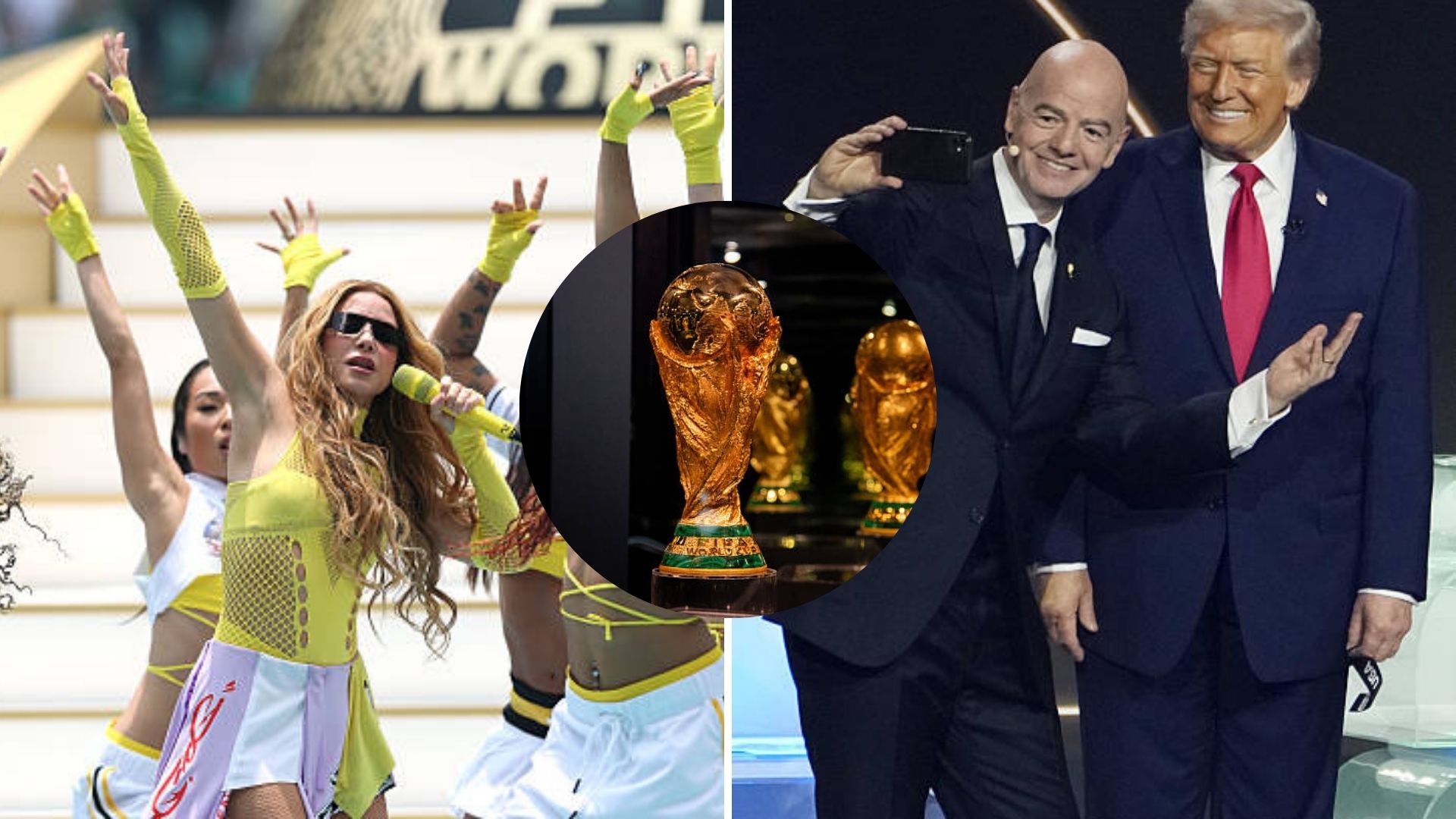 Split image featuring Shakira, World Cup trophy and Trump with Infantino
