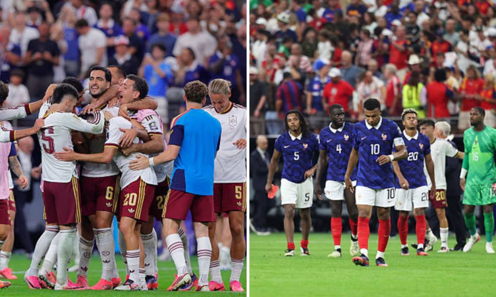 Split image featuring Spain and France contrasting emotions