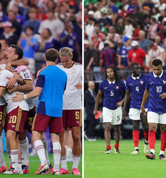 Split image featuring Spain and France contrasting emotions