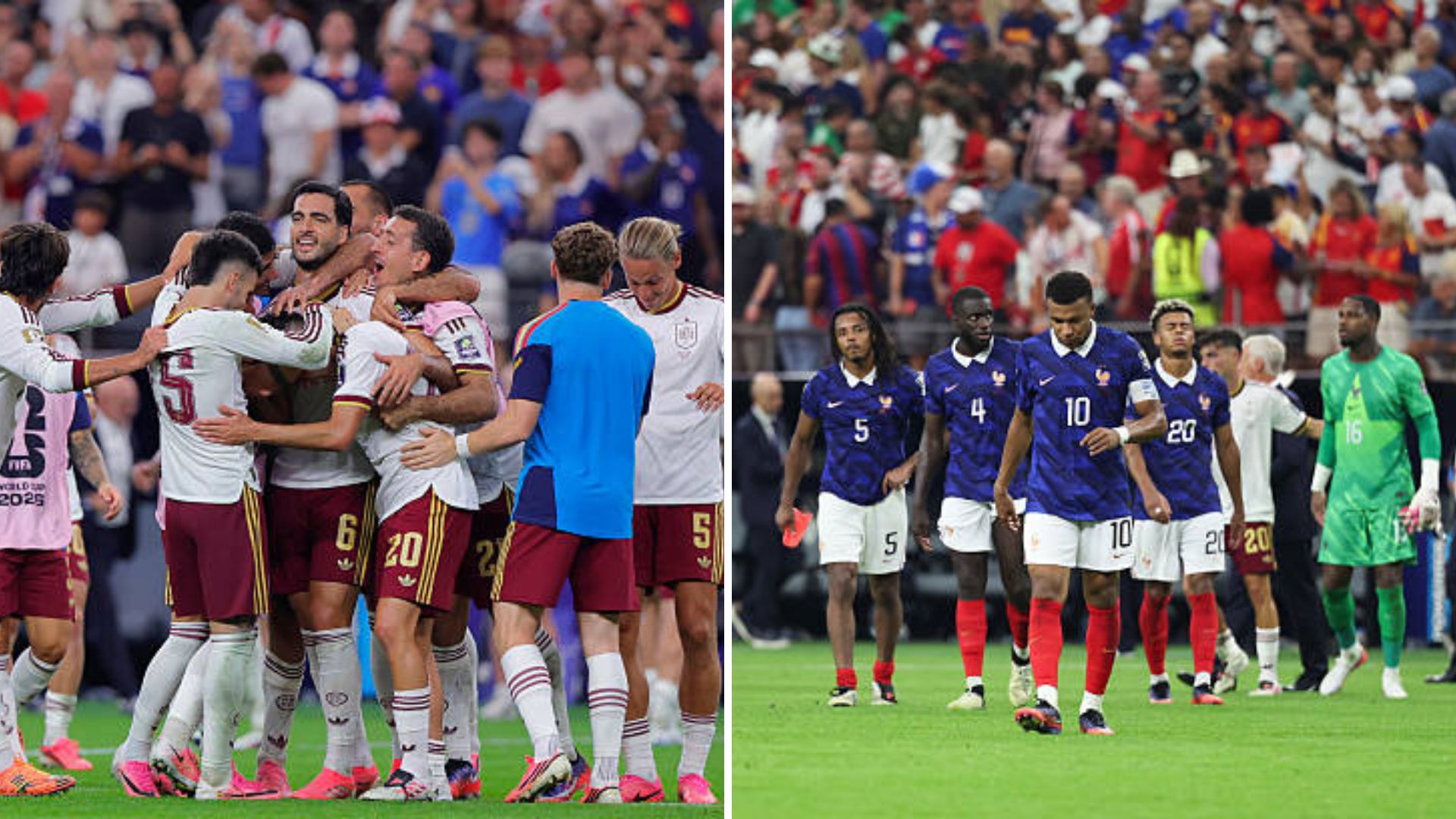 Split image featuring Spain and France contrasting emotions