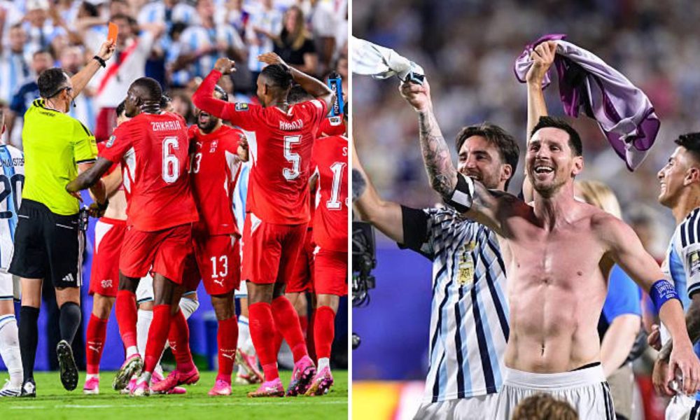 Split image featuring red card to Switzerland and Argentina celebrating.