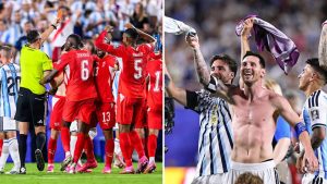 Split image featuring red card to Switzerland and Argentina celebrating.