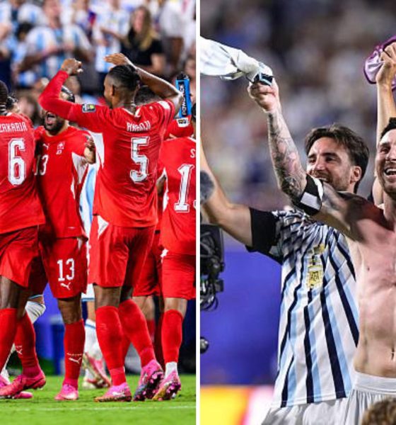 Split image featuring red card to Switzerland and Argentina celebrating.