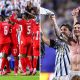 Split image featuring red card to Switzerland and Argentina celebrating.