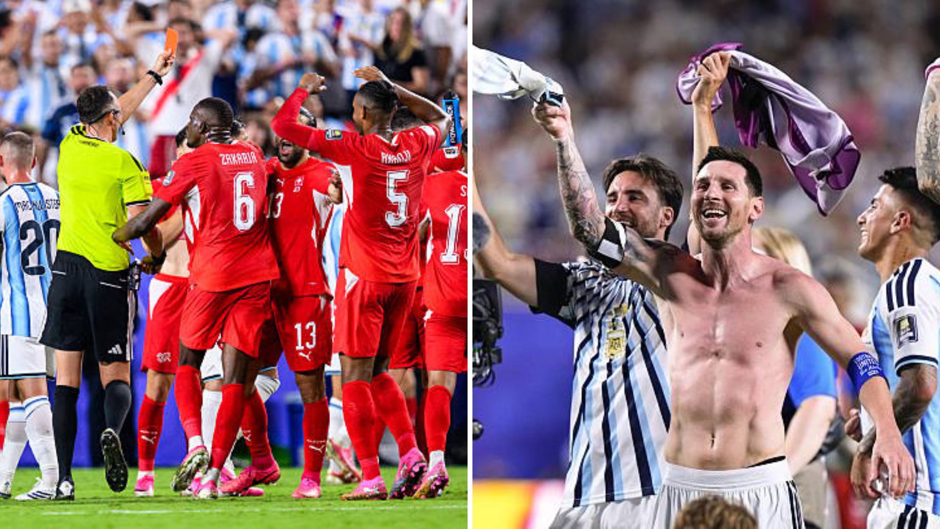 Split image featuring red card to Switzerland and Argentina celebrating.