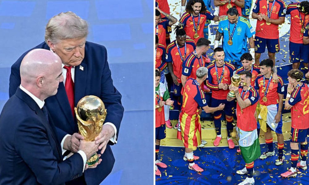 Split image featuring Donald Trump, Gianni Infantino, and the Spain national team.