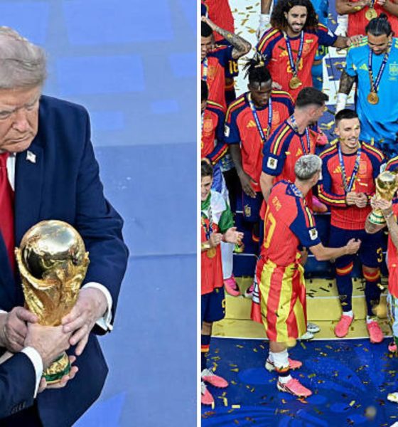 Split image featuring Donald Trump, Gianni Infantino, and the Spain national team.