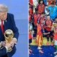 Split image featuring Donald Trump, Gianni Infantino, and the Spain national team.