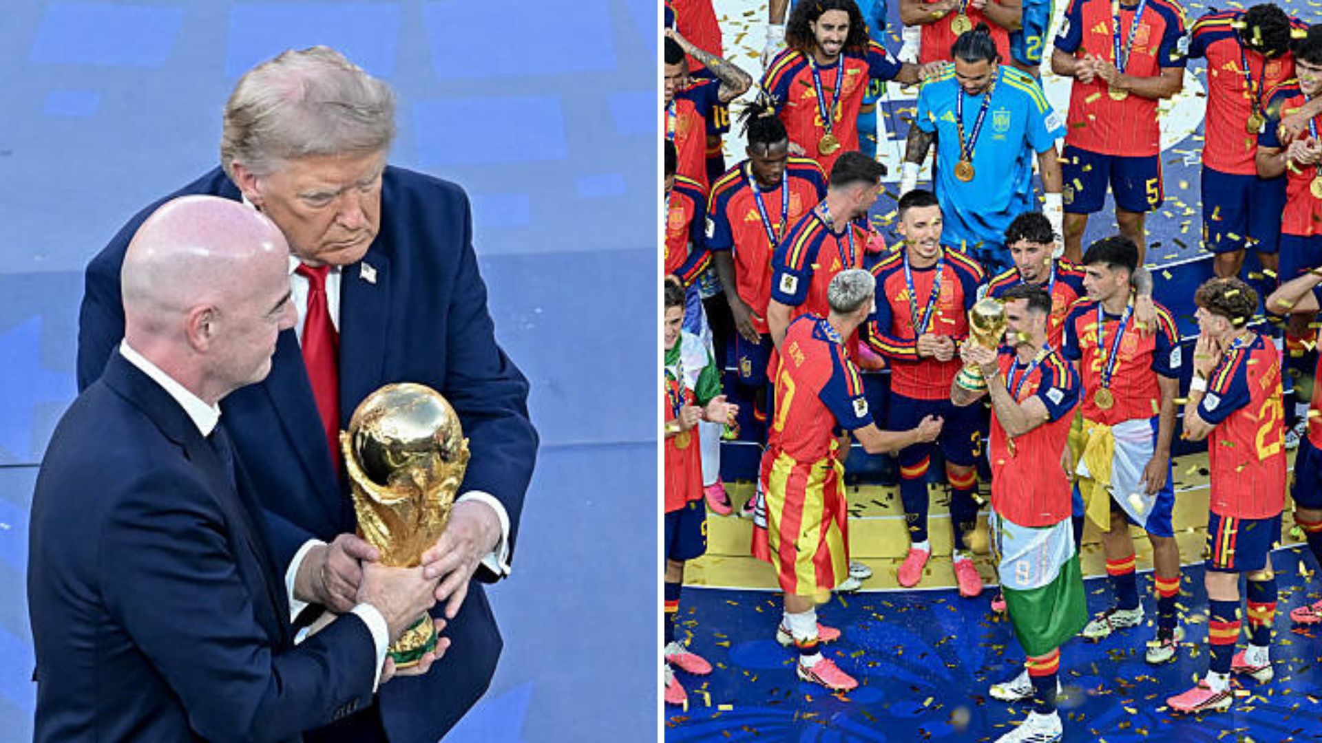 Split image featuring Donald Trump, Gianni Infantino, and the Spain national team.