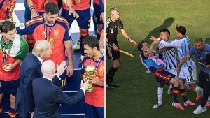 Split image featuring Donald Trump at the World Cup final ceremony and the brawl involving Argentina's Leandro Paredes.