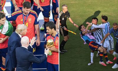 Split image featuring Donald Trump at the World Cup final ceremony and the brawl involving Argentina's Leandro Paredes.