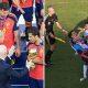 Split image featuring Donald Trump at the World Cup final ceremony and the brawl involving Argentina's Leandro Paredes.
