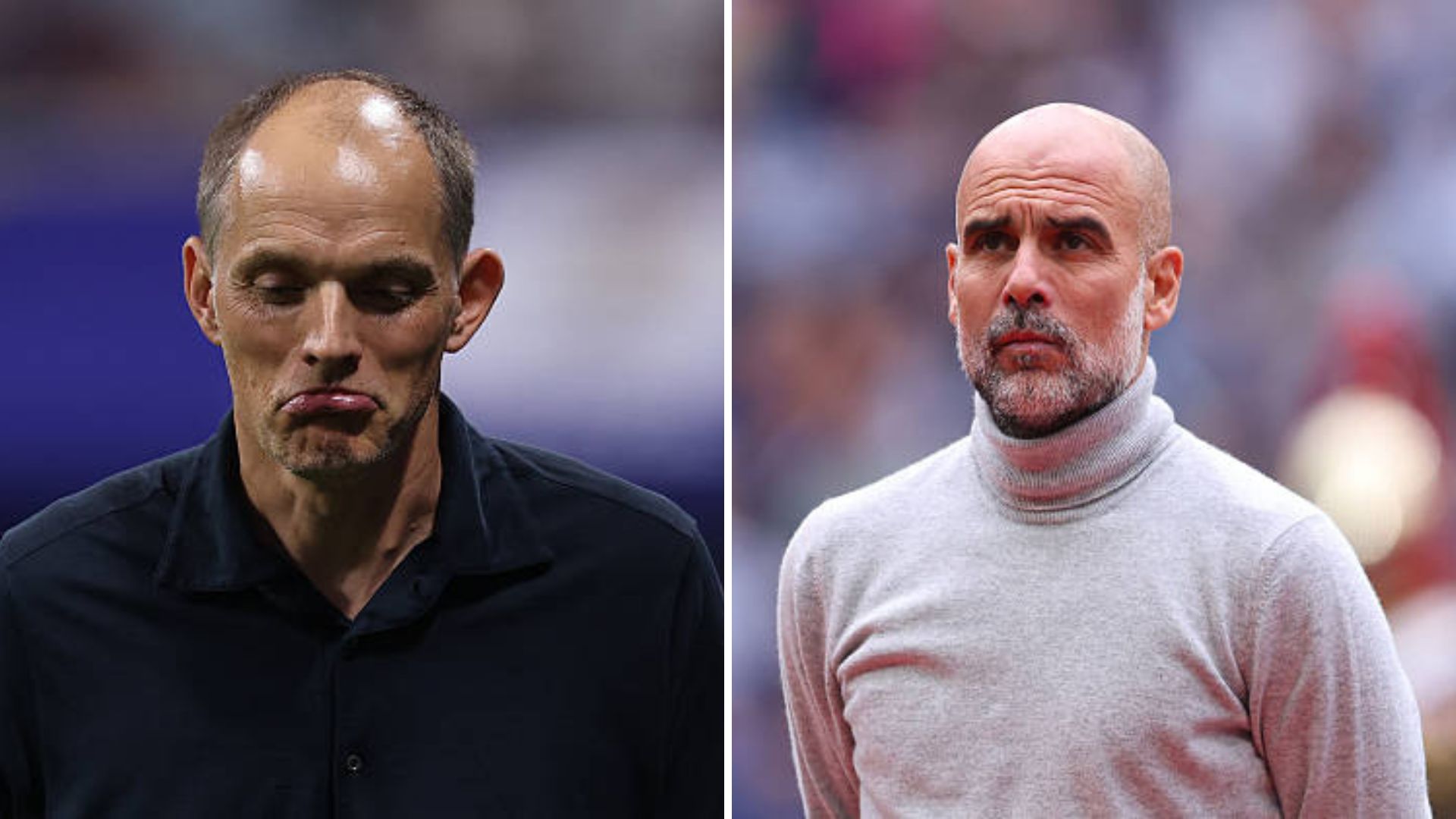 Split image featuring Thomas Tuchel and Pep Guardiola.