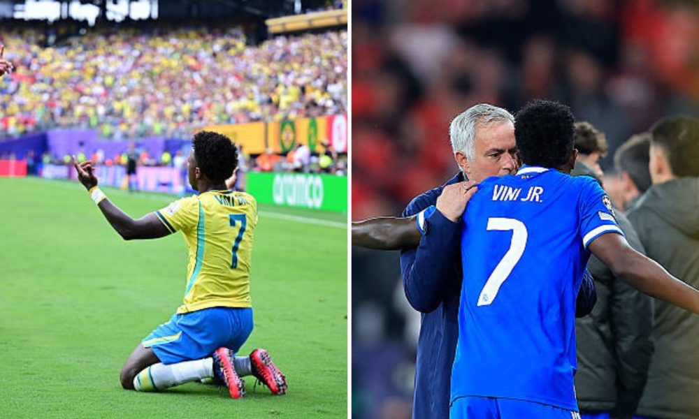Split image featuring Vinicius Jr and Jose Mourinho.