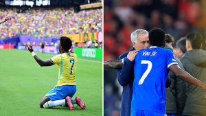 Split image featuring Vinicius Jr and Jose Mourinho.
