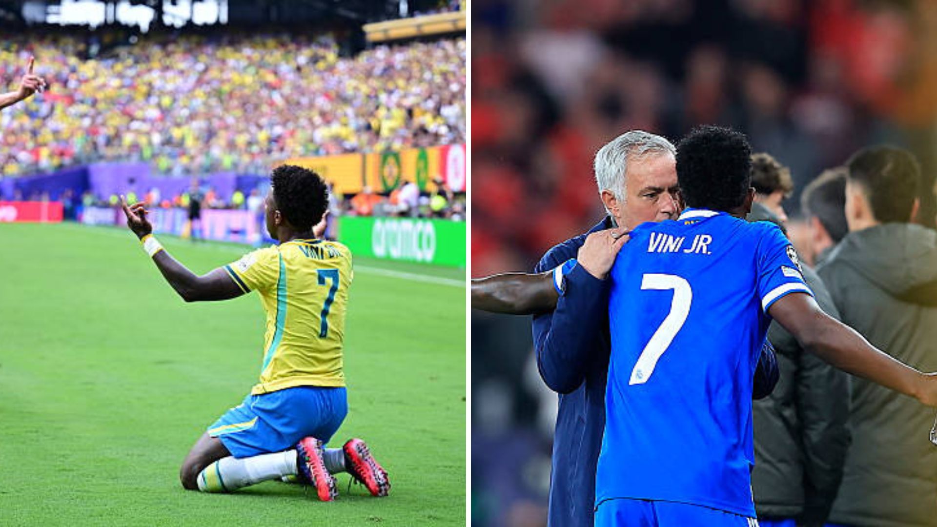 Split image featuring Vinicius Jr and Jose Mourinho.
