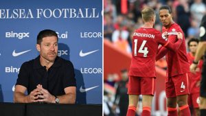 Split image featuring Xabi Alonso and Virgil van Dijk with Jordan Henderson.