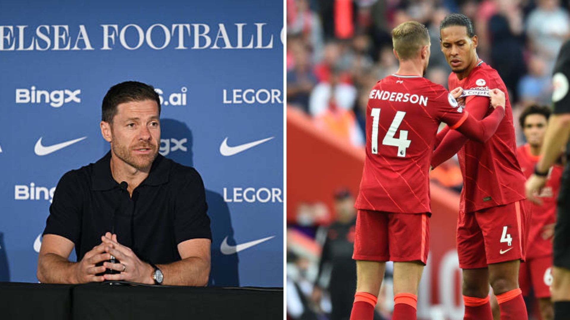 Split image featuring Xabi Alonso and Virgil van Dijk with Jordan Henderson.