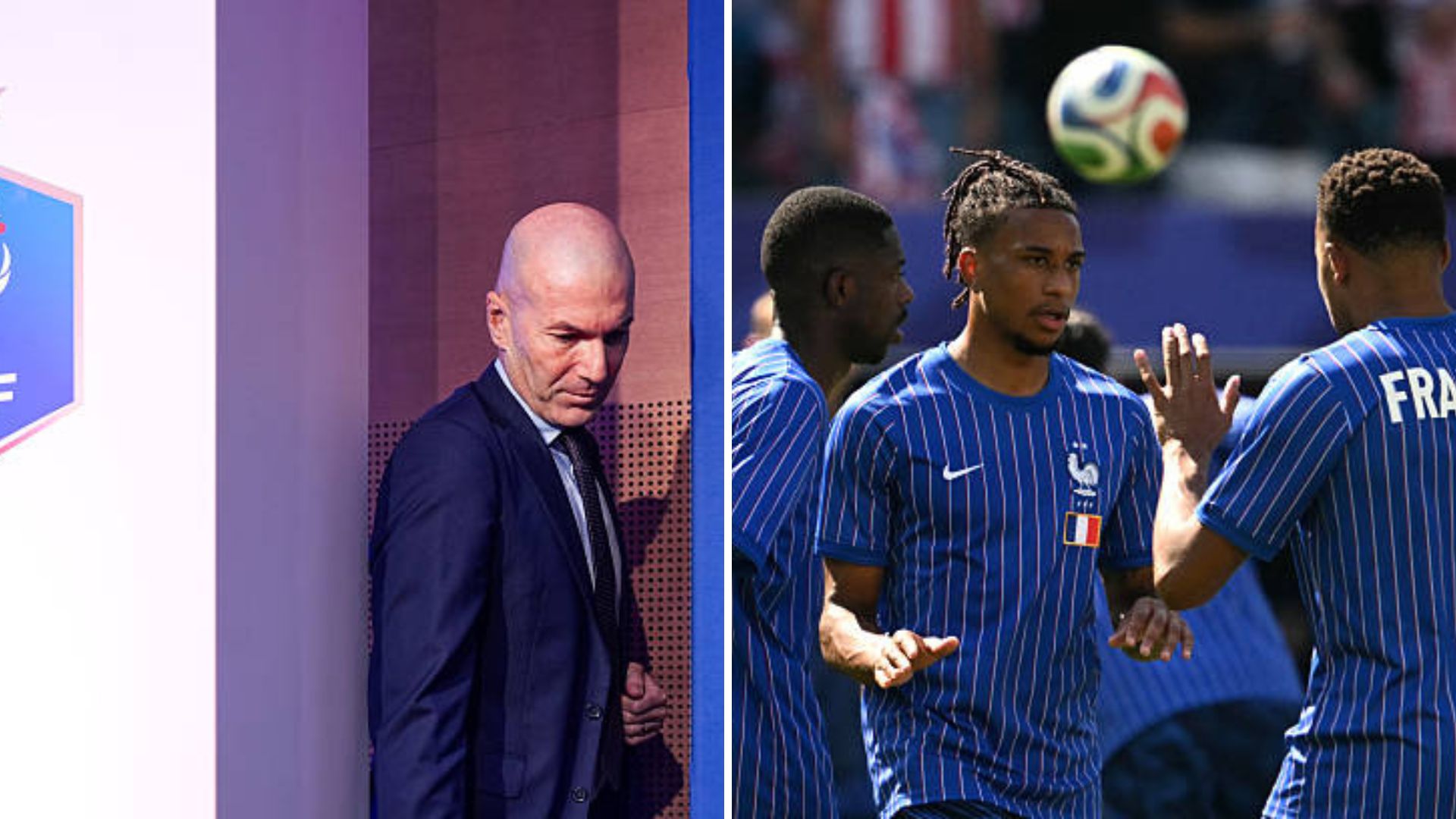 Split image featuring Zinedine Zidane and the French national team attack.