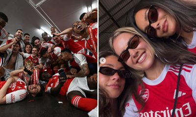 Split image featuring Arsenal players and their partners celebrating their Premier League win.