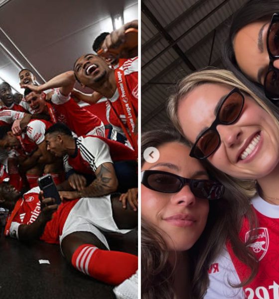 Split image featuring Arsenal players and their partners celebrating their Premier League win.
