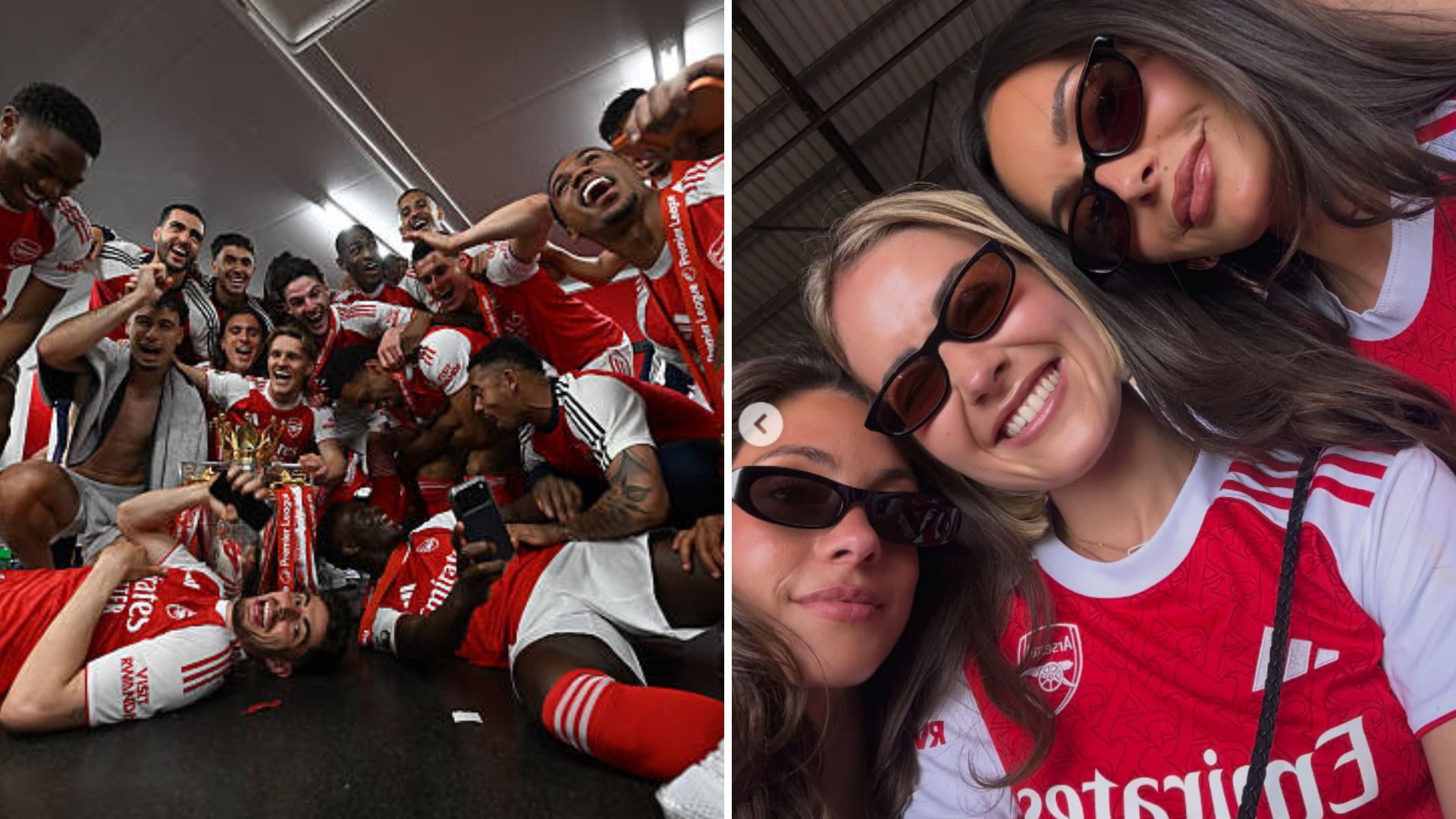 Split image featuring Arsenal players and their partners celebrating their Premier League win.