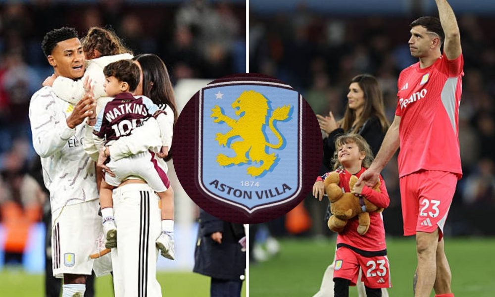 Split image featuring Ollie Watkins and Emi Martinez with their partners and the Aston Villa crest.