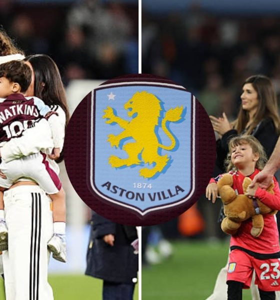 Split image featuring Ollie Watkins and Emi Martinez with their partners and the Aston Villa crest.