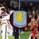 Split image featuring Ollie Watkins and Emi Martinez with their partners and the Aston Villa crest.