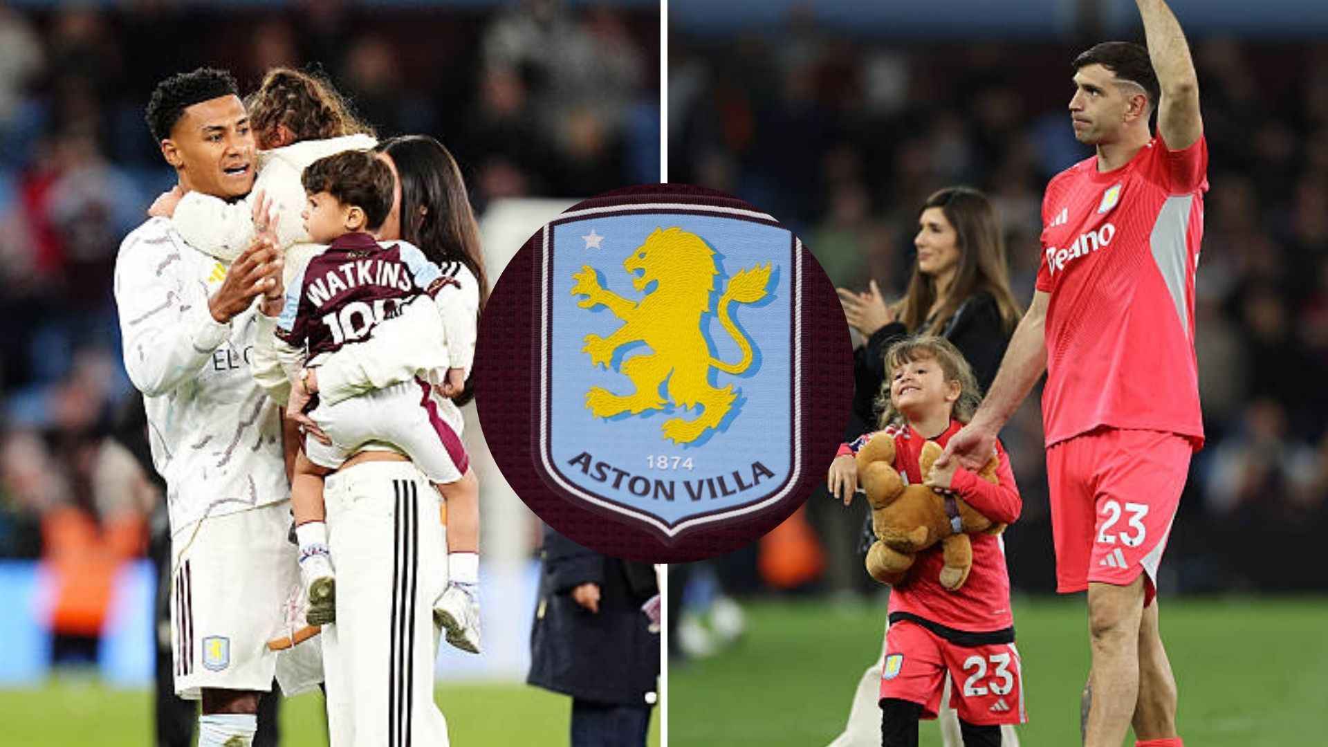 Split image featuring Ollie Watkins and Emi Martinez with their partners and the Aston Villa crest.