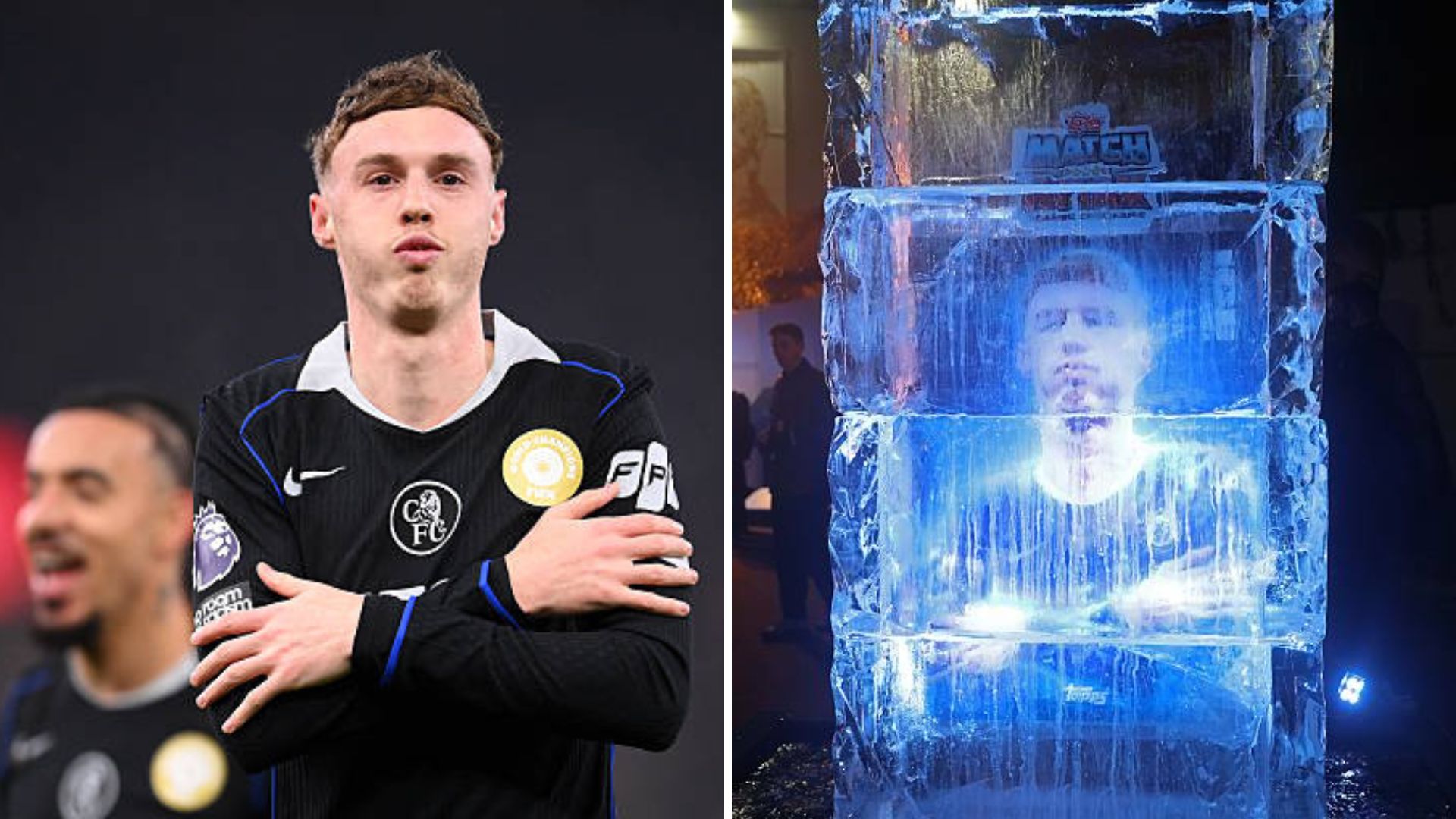 Split image featuring Cole Palmer and his trademark celebration.