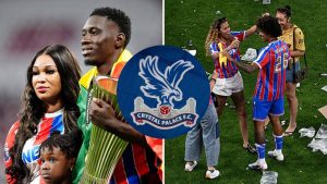 Split image featuring Crystal Palace players and their celebrations with their partners.