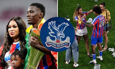 Split image featuring Crystal Palace players and their celebrations with their partners.