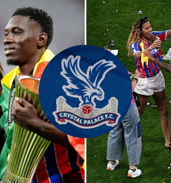 Split image featuring Crystal Palace players and their celebrations with their partners.