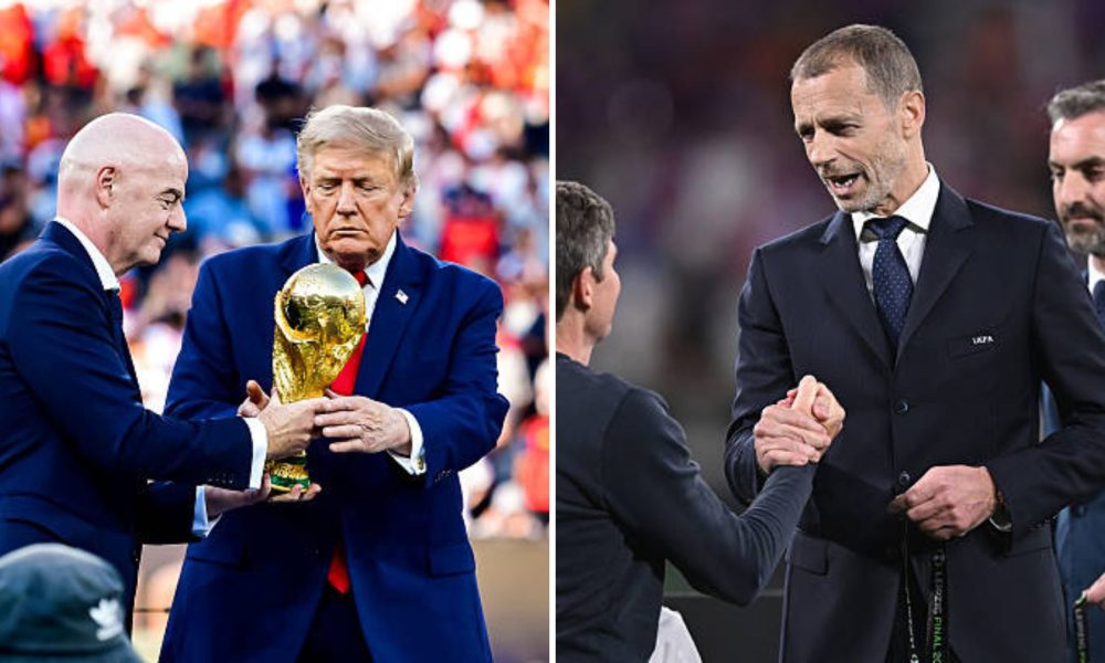 Split image featuring Infatino and Trump and UEFA's Ceferin.