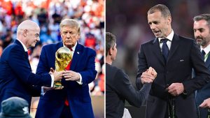 Split image featuring Infatino and Trump and UEFA's Ceferin.