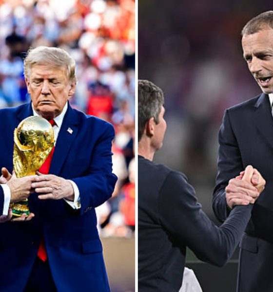 Split image featuring Infatino and Trump and UEFA's Ceferin.