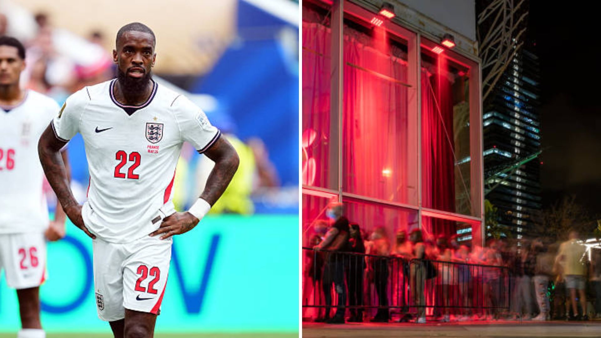 Split image featuring Ivan Toney and a nightclub.