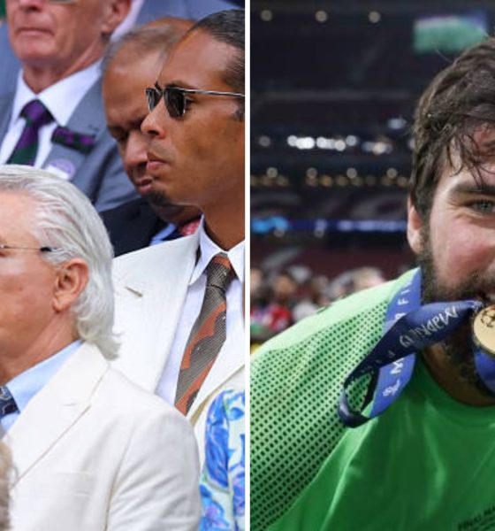 Split image featuring Virgil van Dijk and Alisson with their partners