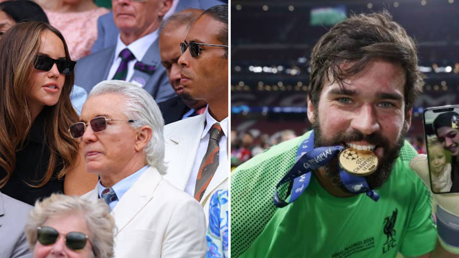 Split image featuring Virgil van Dijk and Alisson with their partners