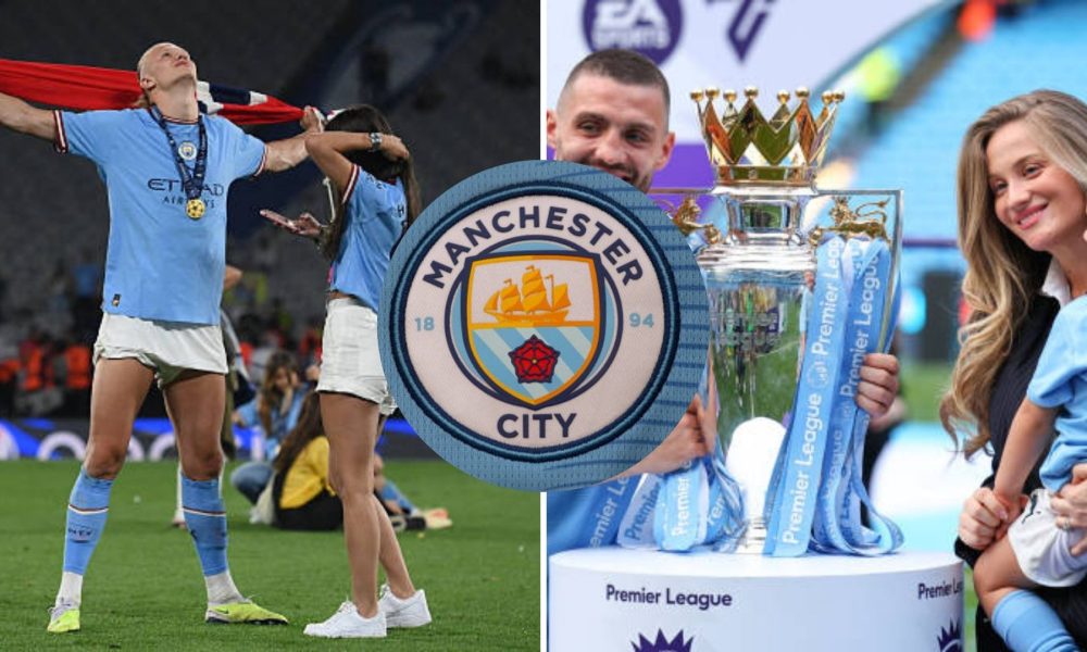 Split image featuring Manchester City players and their partners.