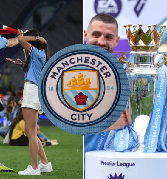 Split image featuring Manchester City players and their partners.